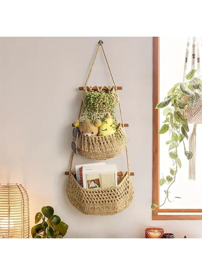 Boho Chic 3 Tier Wall Hanging Storage Basket In Jute Brown Handwoven Rope Organizer For Fruits Vegetables And More Easy Install Versatile Home Decor - Image 4