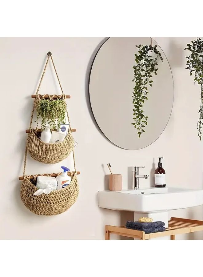 Boho Chic 3 Tier Wall Hanging Storage Basket In Jute Brown Handwoven Rope Organizer For Fruits Vegetables And More Easy Install Versatile Home Decor - Image 5