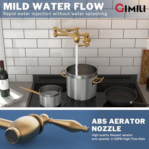 GIMILI Brushed Gold Pot Filler Faucet Wall Mount Kitchen Faucets Over Stove Faucet Folding Faucet with Double Joint Swing Arms - Image 3