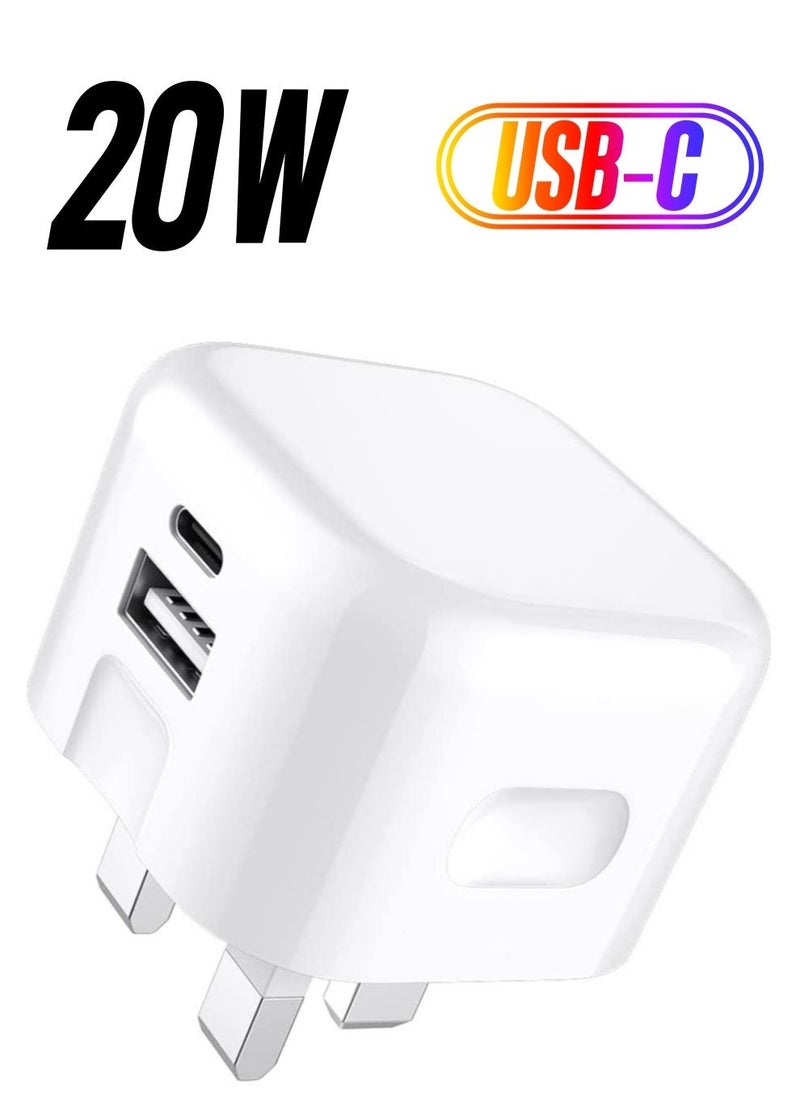 20W Dual Port USB + Type C Fast Charger Plug for Samsung Galaxy S23 Series – UK Wall Adapter for Rapid Charging (White) - Image 1