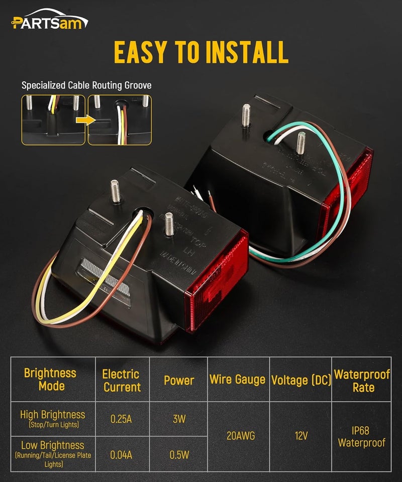 Partsam 12V Submersible Square Led Trailer Lights, Red White LED Stop Turn Tail License Side Marker Running Light Lamp for Trailers Under 80" Boat Trailer Truck, IP68, Red Clear Lens - Image 5