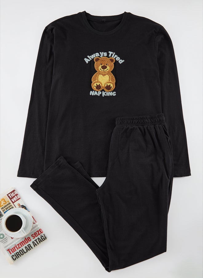 trendyol Black Teddy Bear Pajamas Set with Embroidery - Regular Fit - Image 1