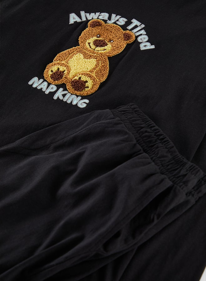 trendyol Black Teddy Bear Pajamas Set with Embroidery - Regular Fit - Image 2