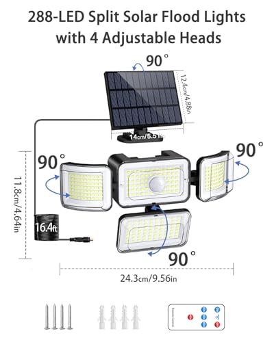 CLAONER Solar Outdoor Lights Motion Sensor 3500LM 288 LED Solar Security Lights with Remote Control IP67 Waterproof 4 Heads Solar Flood Lights with 16.4ft Cable 4 Modes Wall Lights(2 Pack) - Image 4