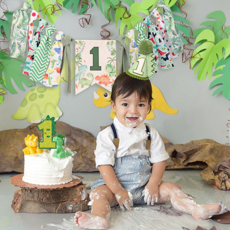HODIHIWI Dinosaur Theme 1st Highchair Banner Tassel Garland Dino Conical Cap Cake Topper Green First Dinosaur Birthday Decorations - Image 4