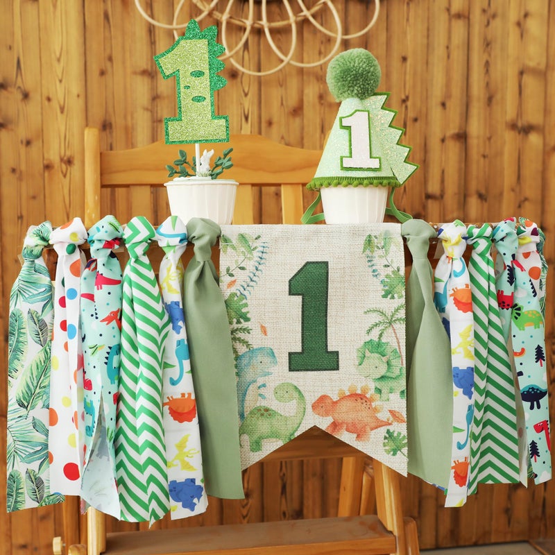 HODIHIWI Dinosaur Theme 1st Highchair Banner Tassel Garland Dino Conical Cap Cake Topper Green First Dinosaur Birthday Decorations - Image 3
