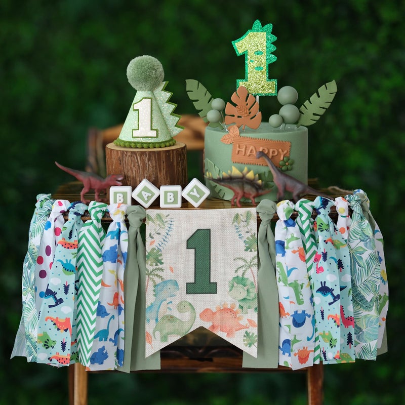 HODIHIWI Dinosaur Theme 1st Highchair Banner Tassel Garland Dino Conical Cap Cake Topper Green First Dinosaur Birthday Decorations - Image 1