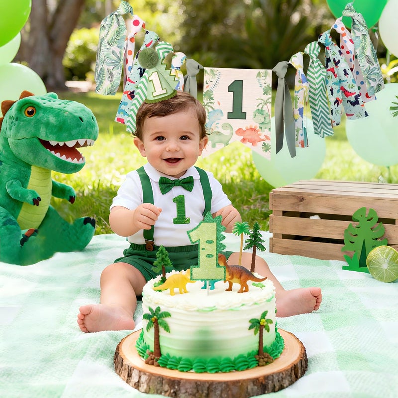 HODIHIWI Dinosaur Theme 1st Highchair Banner Tassel Garland Dino Conical Cap Cake Topper Green First Dinosaur Birthday Decorations - Image 2