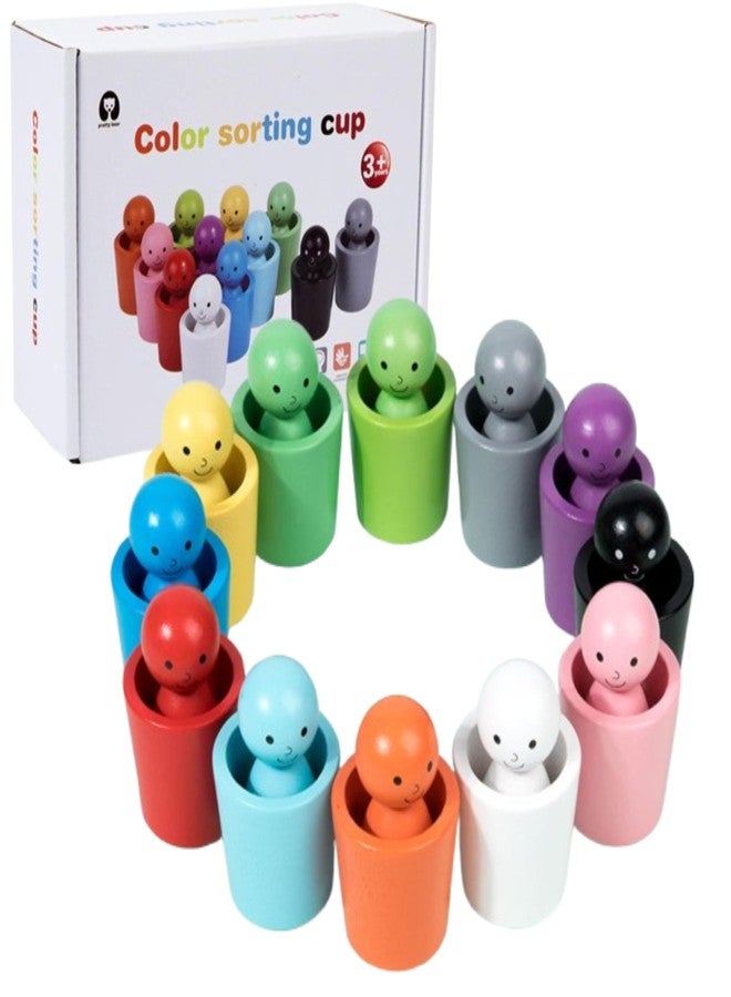 RITHVI STORE Color Sorting Cups Toy for Toddlers | 12 Wooden Matching Dolls with Cups | Montessori Stacking & Color Recognition Game | Educational Preschool Learning Toy for Kids 3+ Years - Image 1
