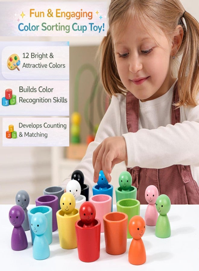 RITHVI STORE Color Sorting Cups Toy for Toddlers | 12 Wooden Matching Dolls with Cups | Montessori Stacking & Color Recognition Game | Educational Preschool Learning Toy for Kids 3+ Years - Image 4