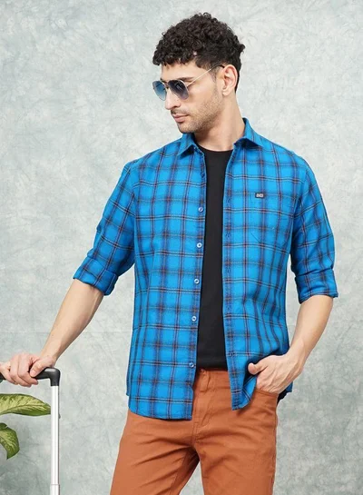 شركة المرآب الهندية Men Slim Fit Checkered Full Sleeves Spread Collar Casual Shirt