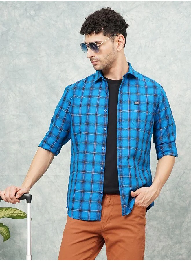 شركة المرآب الهندية Men Slim Fit Checkered Full Sleeves Spread Collar Casual Shirt