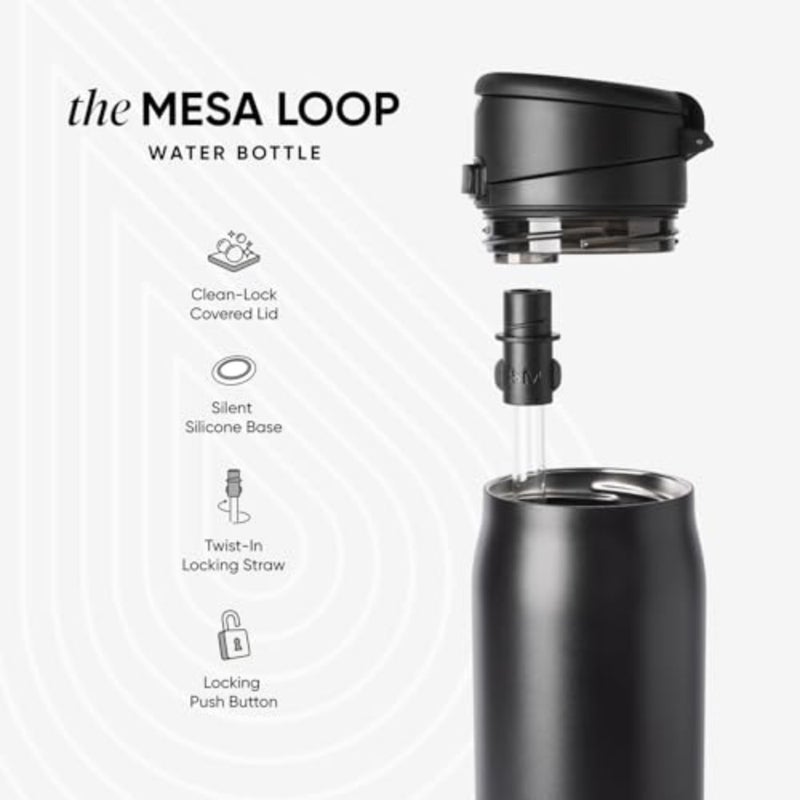 Mesa Loop Water Bottle with Covered Straw and Handle Cup Holder Friendly Insulated Stainless Steel Bottles for Travel, Sports and School Midnight Black - Image 3