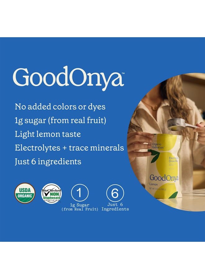 GoodOnYa مشروب إلكتروليت عضوي للترطيب، مسحوق ترطيب عضوي معتمد، خالي من الكائنات المعدلة وراثيًا، خالي من الجليفوسات، منخفض السكر، بنكهة الليمون، بدون نكهات صناعية، 20 حصة - Image 4