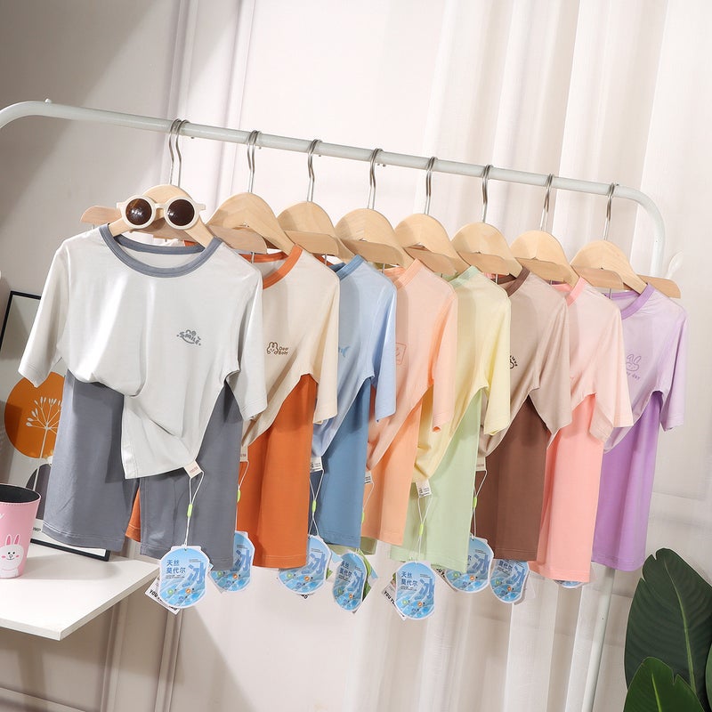 Kidsren'S Home Clothes For Boys And Girls Class A Boneless Tencel Modal Three-Quarter Sleeve Cropped Pants Air-Conditioned Clothes - Image 1