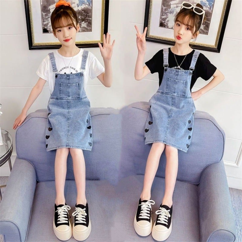 Girls Summer Love Suspender Skirt Korean Style Fashionable Internet Celebrity Girls Suspender Denim Skirt For Big Children Trendy - Image 3