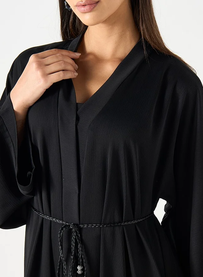 JAMEELA  Smoky Black with contrast grey perma pleated Abaya for Women | Best Price UAE