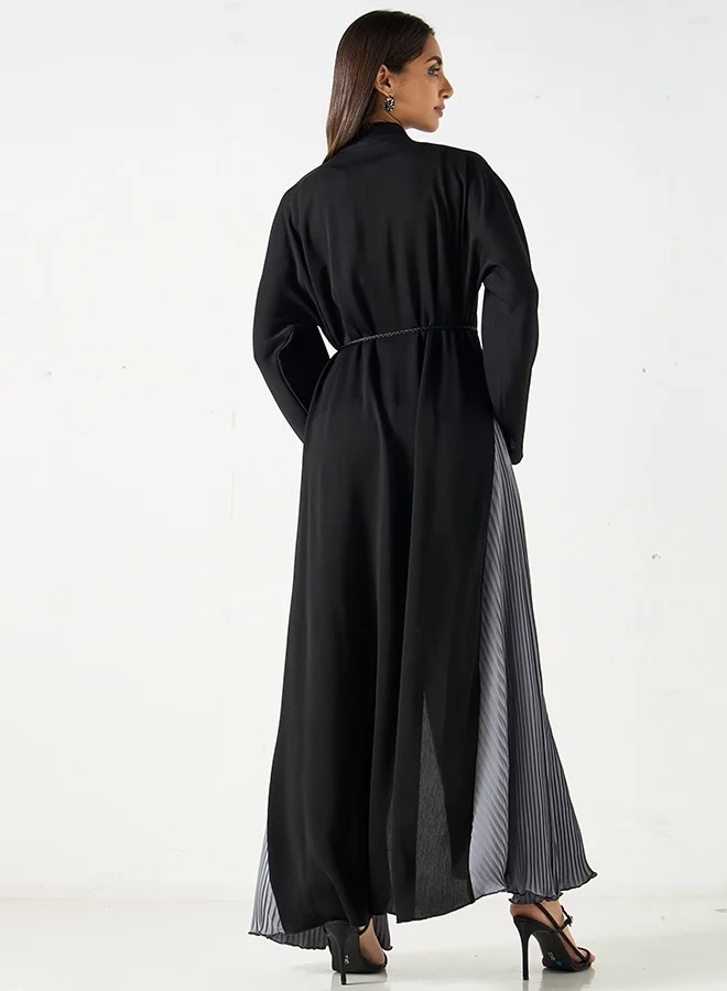 JAMEELA  Smoky Black with contrast grey perma pleated Abaya for Women | Best Price UAE