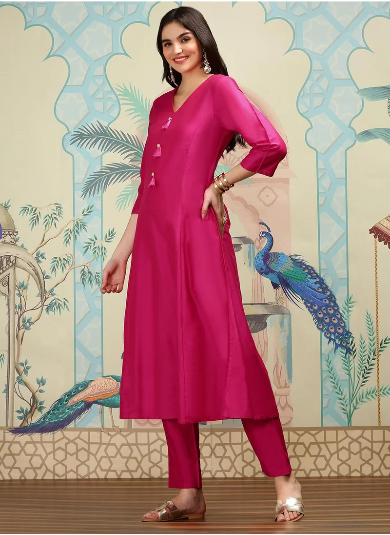 آي شين Anarkali Fit Solid Pattern Round Neck Three-Quarter Sleeves Pink Colour Knitted Cotton Kurta Set for Women with Semi Elastic Closure - Unmatched Grace and Comfort