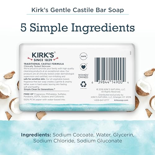 Kirk's Castile Bar Soap by Kirks Clean Soap for Men Women Children Premium Coconut Oil Sensitive Skin Formula Vegan FragranceFreeUnscented 4 oz Bars 4 Pack - Image 5