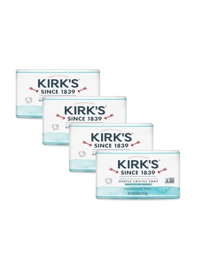 Kirk's Castile Bar Soap by Kirks Clean Soap for Men Women Children Premium Coconut Oil Sensitive Skin Formula Vegan FragranceFreeUnscented 4 oz Bars 4 Pack - Image 1