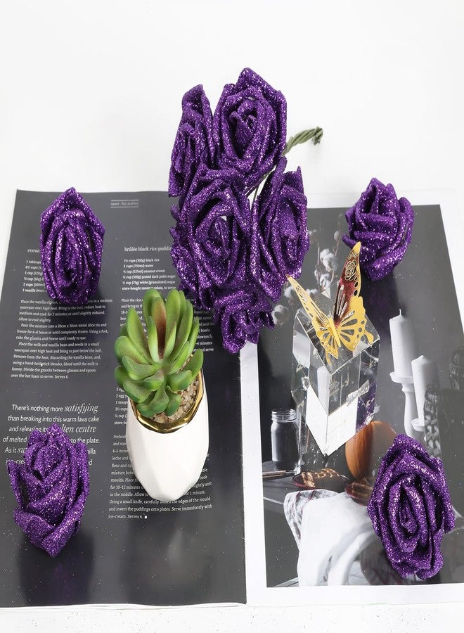 INSUNSIX 30pcs Glitter Purple Roses Foam Flowers with Stems Foam Fake Roses Real Looking Purple Flowers for Bridal Shower Centerpieces Wedding Bouquet Table Decorations for Party (Purple) - Image 4