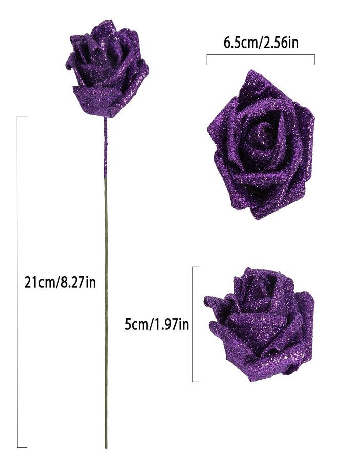 INSUNSIX 30pcs Glitter Purple Roses Foam Flowers with Stems Foam Fake Roses Real Looking Purple Flowers for Bridal Shower Centerpieces Wedding Bouquet Table Decorations for Party (Purple) - Image 3