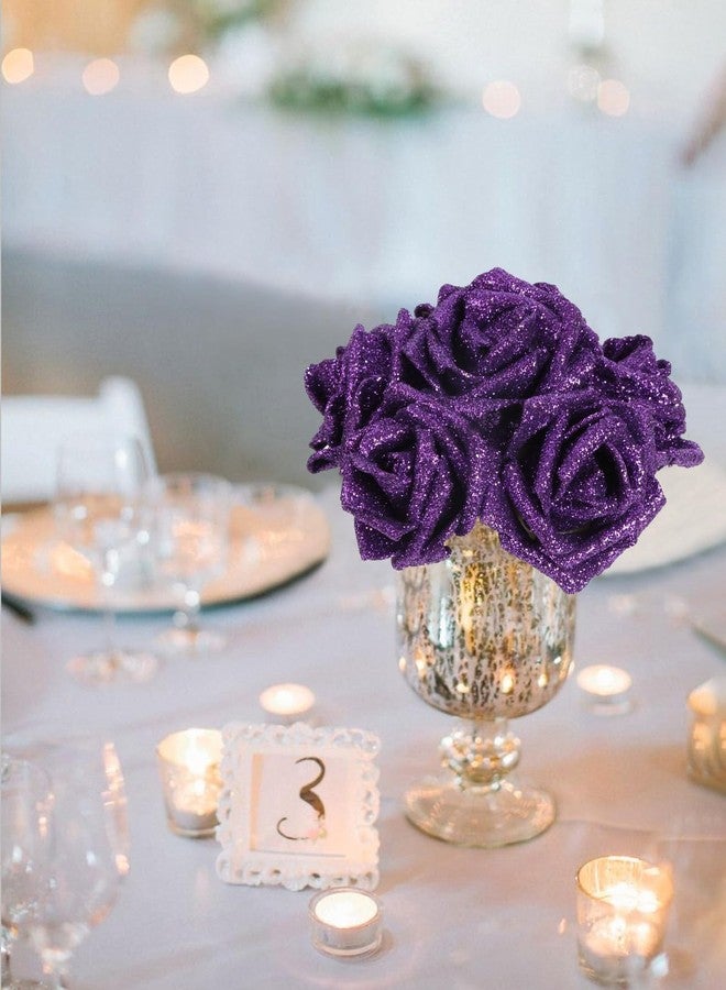 INSUNSIX 30pcs Glitter Purple Roses Foam Flowers with Stems Foam Fake Roses Real Looking Purple Flowers for Bridal Shower Centerpieces Wedding Bouquet Table Decorations for Party (Purple) - Image 2