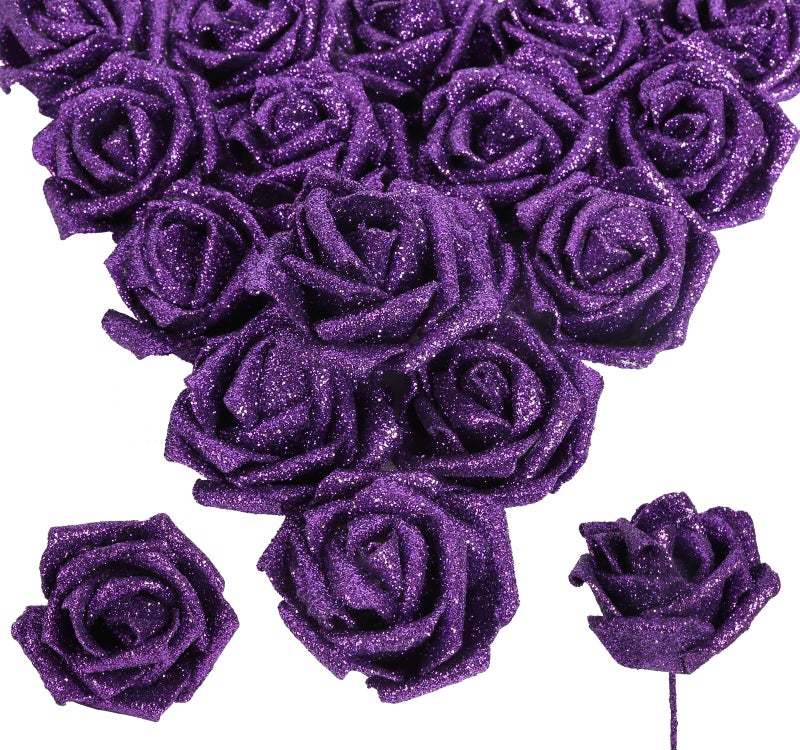 INSUNSIX 30pcs Glitter Purple Roses Foam Flowers with Stems Foam Fake Roses Real Looking Purple Flowers for Bridal Shower Centerpieces Wedding Bouquet Table Decorations for Party (Purple) - Image 1