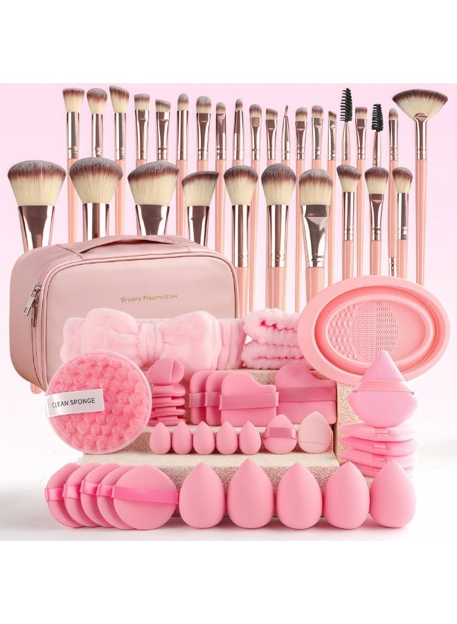 Makeup Brush Set 67PCS Pink Professional Beauty Tools Kit with 30 Makeup Brushes Beauty Sponges Powder Puffs Cleaning Pad and Waterproof Multi Compartment Makeup Bag for Face Eye Travel Use - Image 5