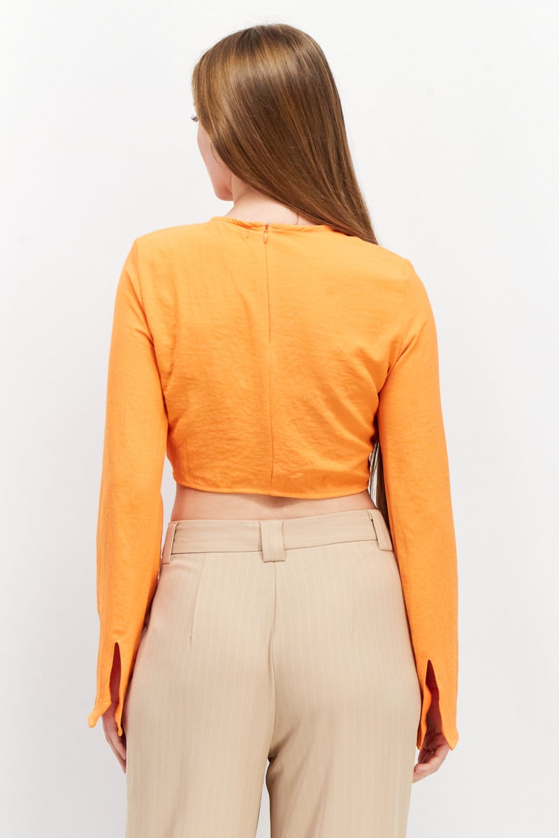 Sinsay Women Round Neck Long Sleeve Plain Top, Orange - Image 3