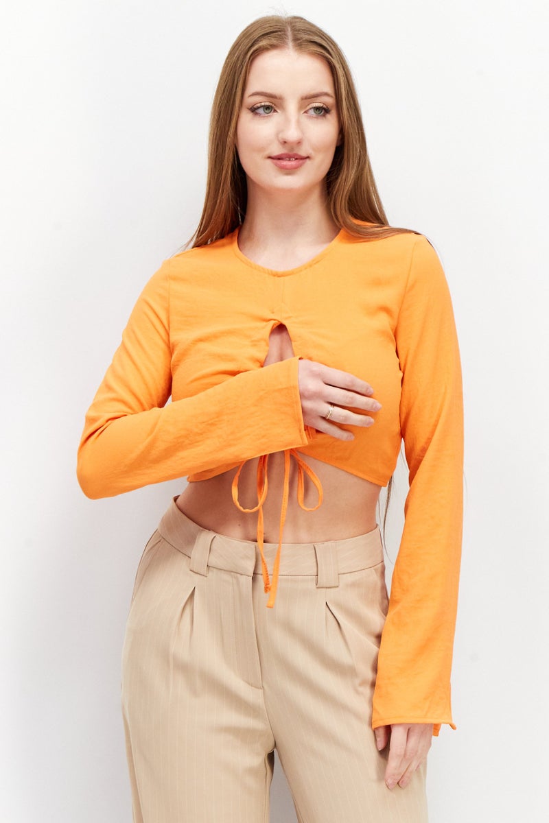 Sinsay Women Round Neck Long Sleeve Plain Top, Orange - Image 1