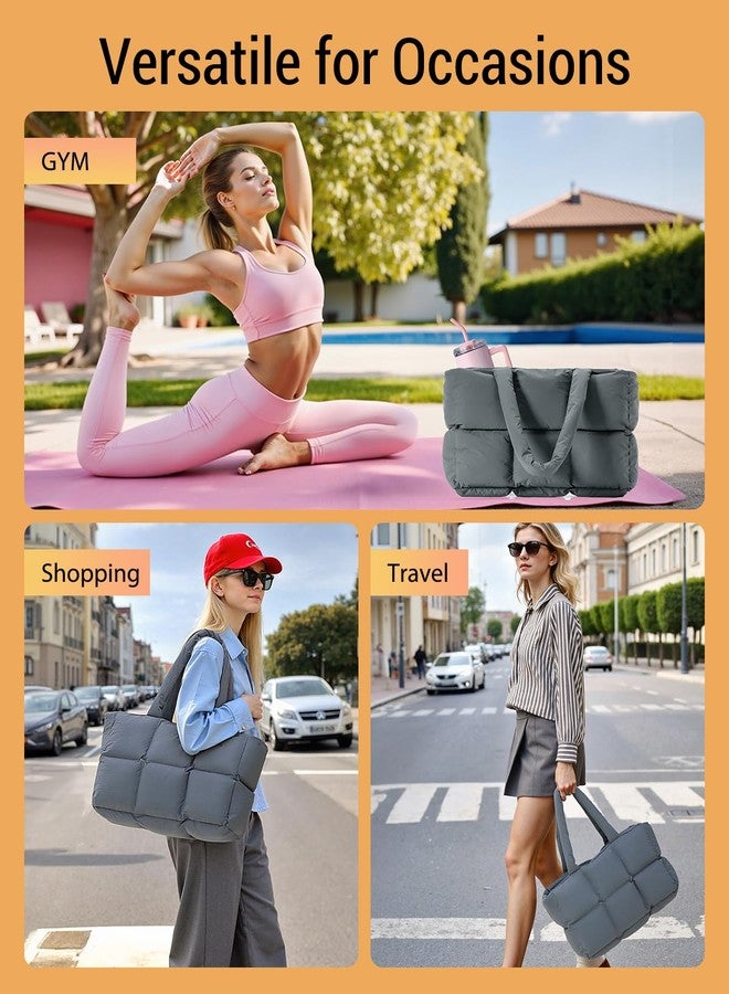 Herald Puffer Tote Bag for Women, Large Quilted Puffy Handbag Lightweight Satchel Purse with Cup Holder & Compartment, Grey, Large - Image 2