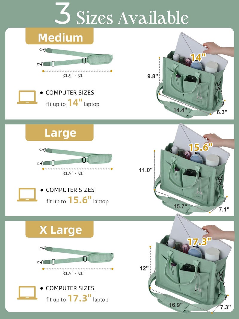 FIORETTO Canvas Tote Bag for Women with Zipper Closure & Individual Compartments for Work College, Crossbody Laptop Tote Purse Handbag with Detachable Strap & Bottom Support for Teacher & Nurse Green - Image 3