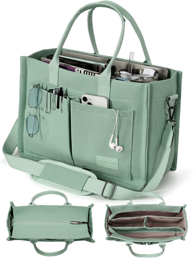 FIORETTO Canvas Tote Bag for Women with Zipper Closure & Individual Compartments for Work College, Crossbody Laptop Tote Purse Handbag with Detachable Strap & Bottom Support for Teacher & Nurse Green - Image 1