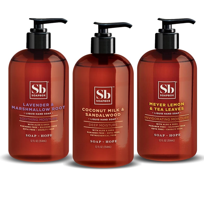 Soapbox Hand Soap Variety Pack (Coconut, Lavender, Meyer Lemon) Liquid Hand Soap, Moisturizing Wash with Shea Butter & Aloe Vera, Pack of 3 Bottles with Pump Dispenser, 12oz Each - Image 1