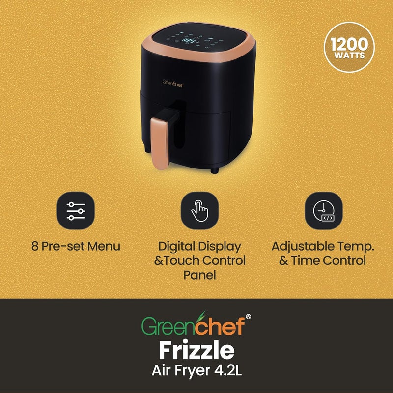 Greenchef Digital Air Fryer Frizzle with Touch Panel, uses up to 90% less fat, 8 Pre-set Menu, 1200W, 4.2 Liter (Black), Large - Image 5