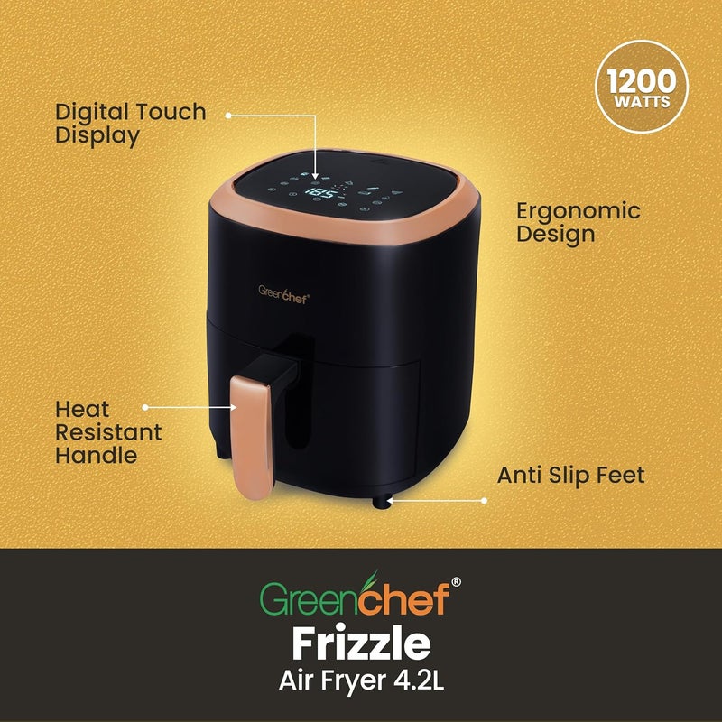 Greenchef Digital Air Fryer Frizzle with Touch Panel, uses up to 90% less fat, 8 Pre-set Menu, 1200W, 4.2 Liter (Black), Large - Image 3
