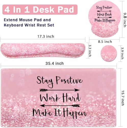 Yunoble 4in1 Gaming Mouse Pad Wrist Support SetDesk Pad Mouse Pad with Wrist Rest Keyboard Wrist Rest Coaster Ergonomic Design for Home Office Study Game Pink Stay Positive - Image 3