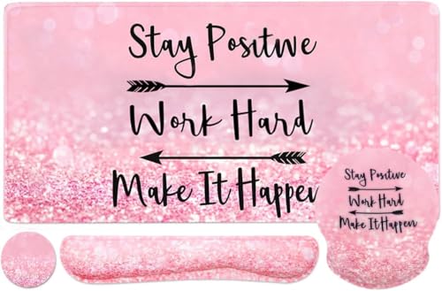 Yunoble 4in1 Gaming Mouse Pad Wrist Support SetDesk Pad Mouse Pad with Wrist Rest Keyboard Wrist Rest Coaster Ergonomic Design for Home Office Study Game Pink Stay Positive - Image 1