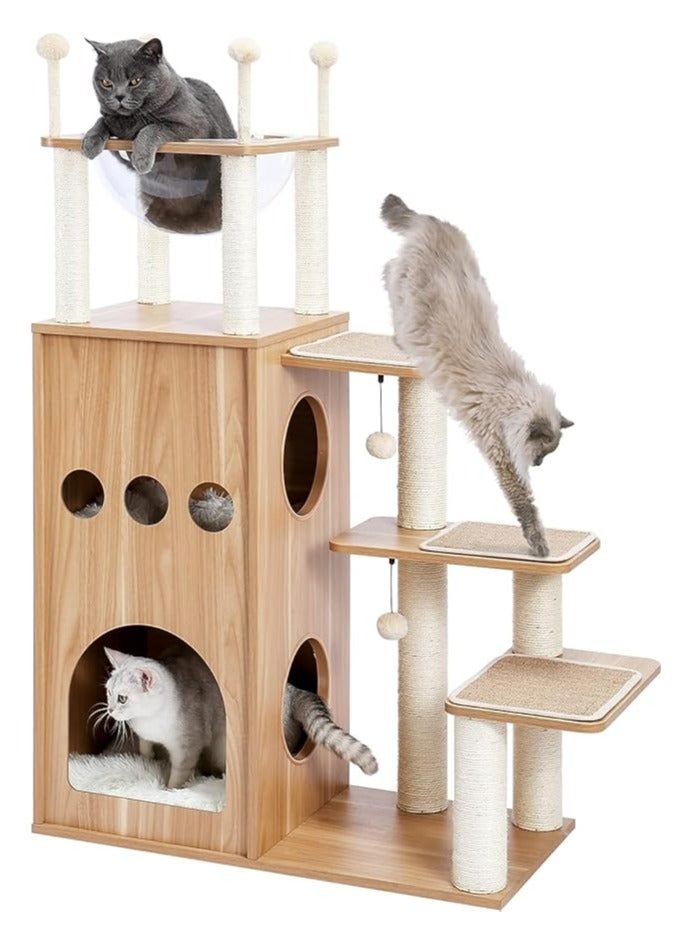 Alissa Modern Cat Tree for Large Cat, Wood Cat Tower Heavy Duty with Scratch Post for Indoor Big Cats, 130CM Extra Tall Cat Condo Sturdy Frisco Castle with Clear Bowl for Kittens 10KGs  - Image 1
