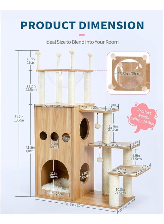 Alissa Modern Cat Tree for Large Cat, Wood Cat Tower Heavy Duty with Scratch Post for Indoor Big Cats, 130CM Extra Tall Cat Condo Sturdy Frisco Castle with Clear Bowl for Kittens 10KGs  - Image 2