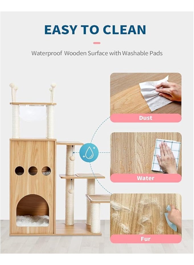 Alissa Modern Cat Tree for Large Cat, Wood Cat Tower Heavy Duty with Scratch Post for Indoor Big Cats, 130CM Extra Tall Cat Condo Sturdy Frisco Castle with Clear Bowl for Kittens 10KGs  - Image 3