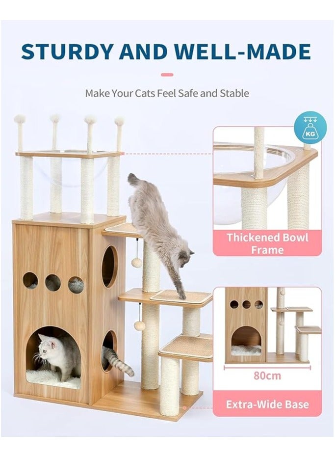 Alissa Modern Cat Tree for Large Cat, Wood Cat Tower Heavy Duty with Scratch Post for Indoor Big Cats, 130CM Extra Tall Cat Condo Sturdy Frisco Castle with Clear Bowl for Kittens 10KGs  - Image 4