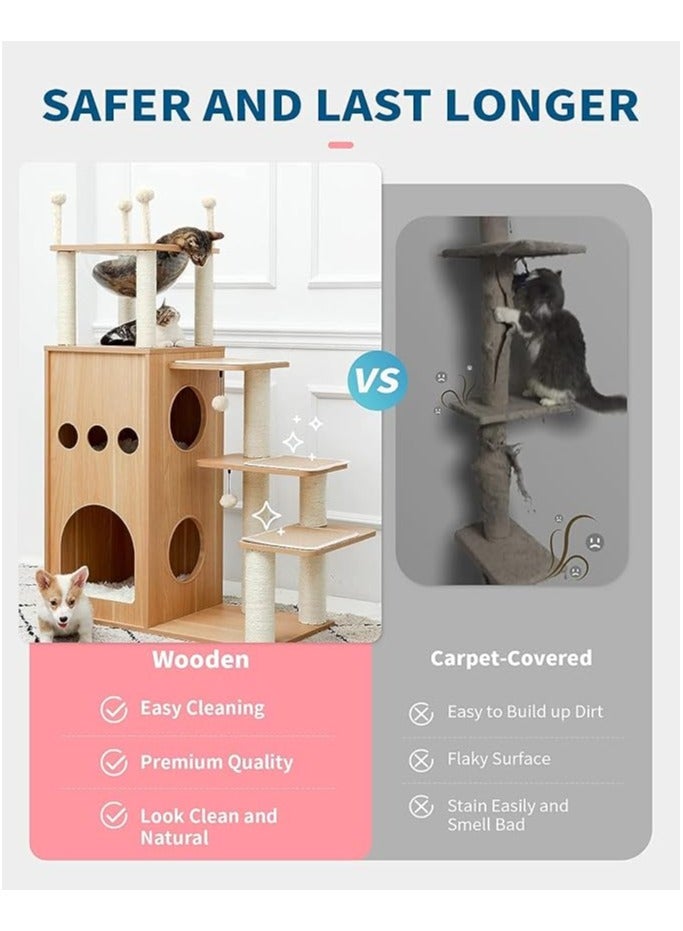 Alissa Modern Cat Tree for Large Cat, Wood Cat Tower Heavy Duty with Scratch Post for Indoor Big Cats, 130CM Extra Tall Cat Condo Sturdy Frisco Castle with Clear Bowl for Kittens 10KGs  - Image 5