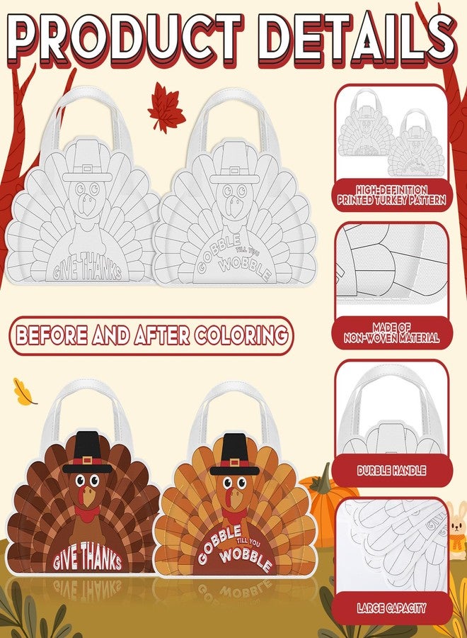 Kacctyen 24 Pcs Thanksgiving Coloring Goodie Bags Bulk Thanksgiving Turkey Crafts Non Woven Color Your Own Bags with Handles Holiday Decorations for DIY Making - Image 3