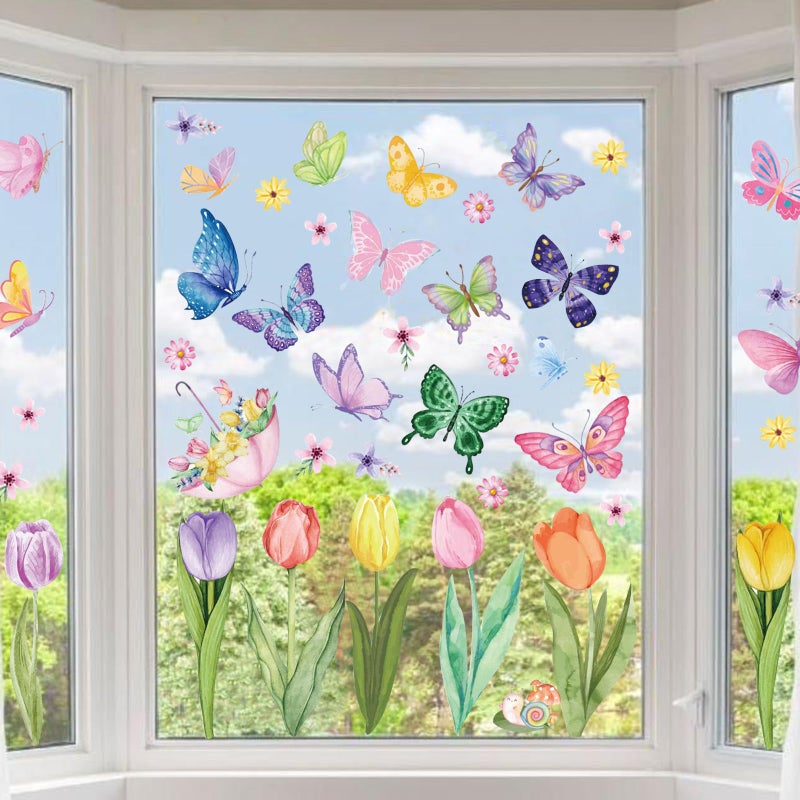 REJODA 83 PCS Window Clings Spring Flower Window Stickers Decorations for Glass Windows, Easter Tulip Butterfly Flower Window Decals - Image 1