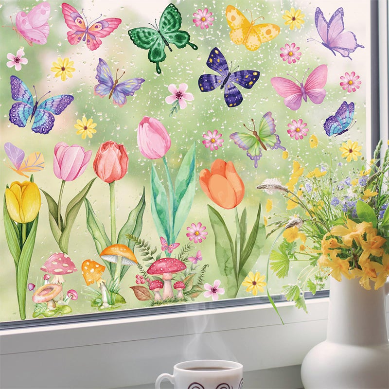 REJODA 83 PCS Window Clings Spring Flower Window Stickers Decorations for Glass Windows, Easter Tulip Butterfly Flower Window Decals - Image 3