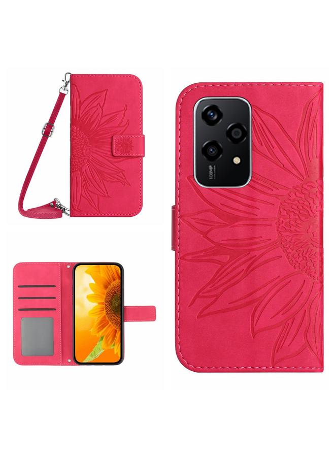 جرين تايجر حافظة هاتف جلدية لهاتف Honor 200 Lite Global Skin Feel نمط زهرة الشمس مع حبل قصير (أحمر وردي)