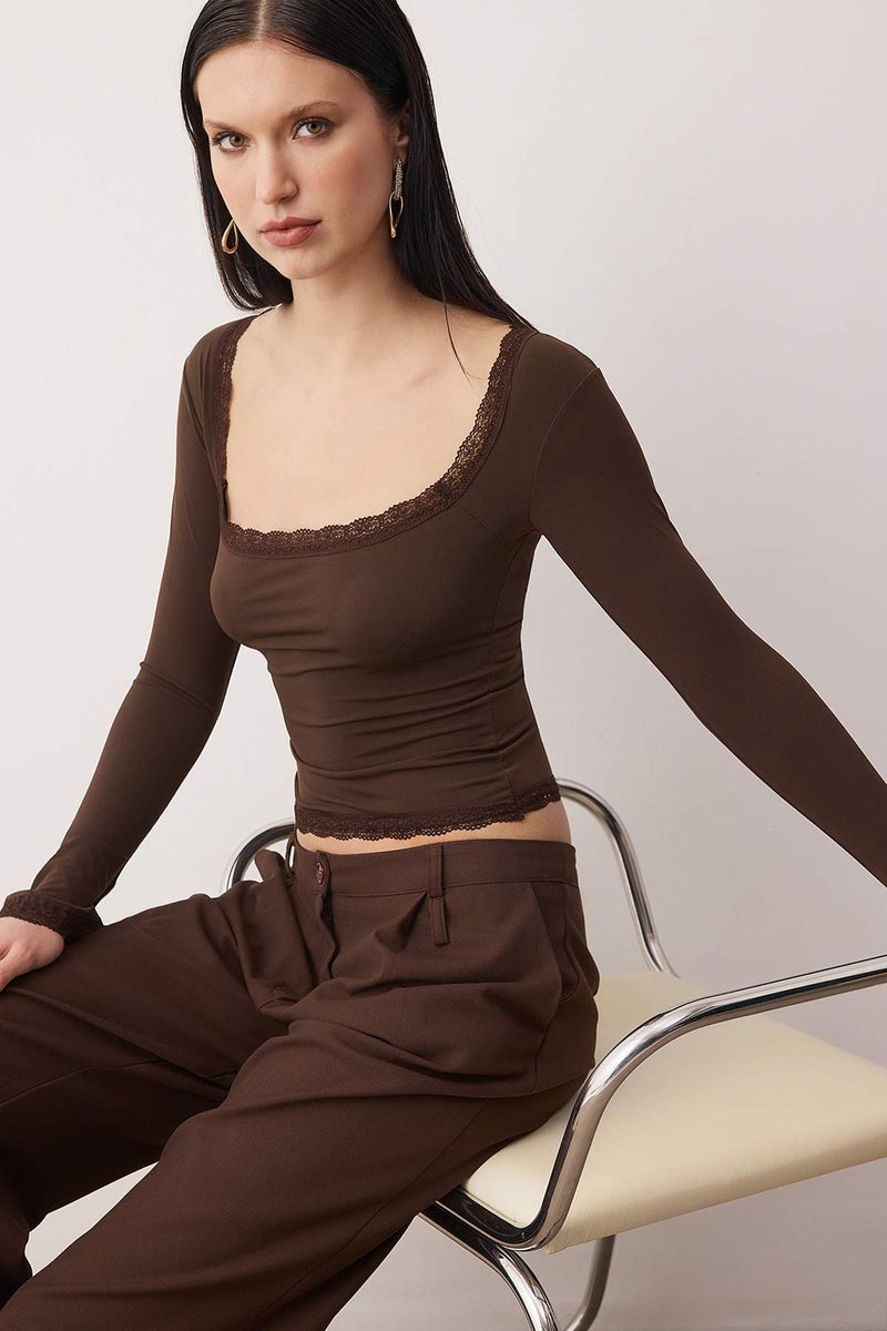 trendyol Dark Brown Lace Detailed Square Neck Knitted Party Blouse Tpraw26Bz00045 - Image 1